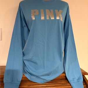 PINK Victoria’s Secret women’s Blue Long Sleeve T-Shirt w/Silver Logo size Small